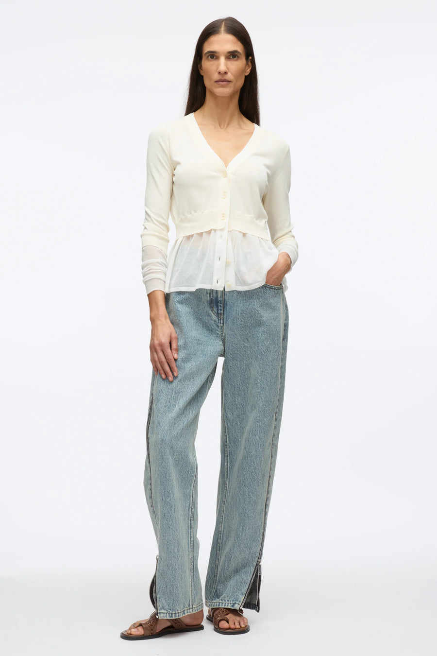 3.1 Phillip Lim LS V-Neck Double Layer Cardigan in Ivory