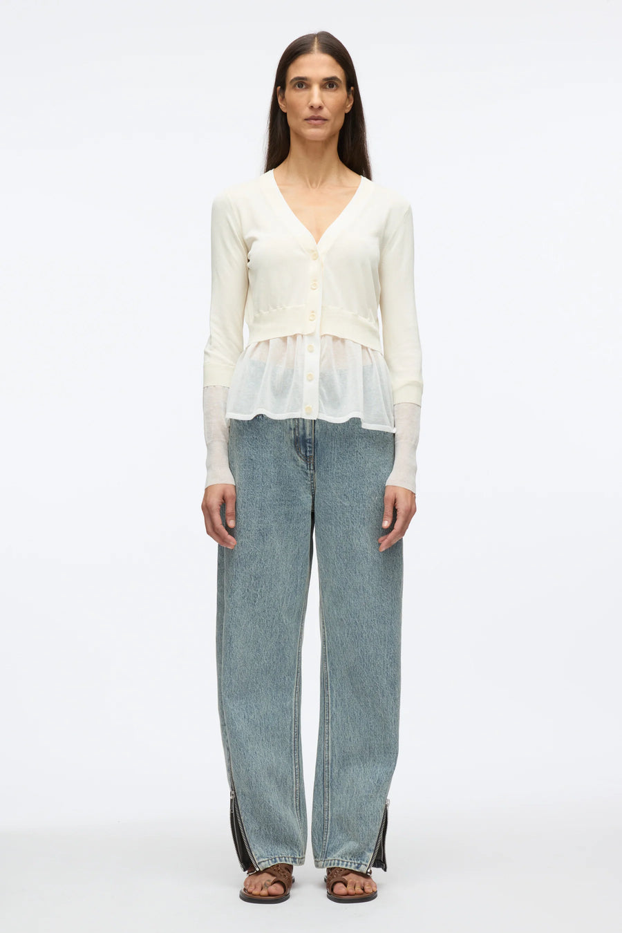 3.1 Phillip Lim LS V-Neck Double Layer Cardigan in Ivory