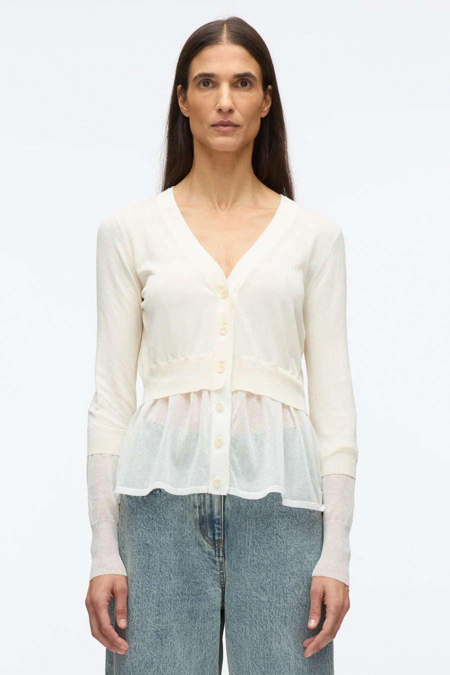 3.1 Phillip Lim LS V-Neck Double Layer Cardigan in Ivory
