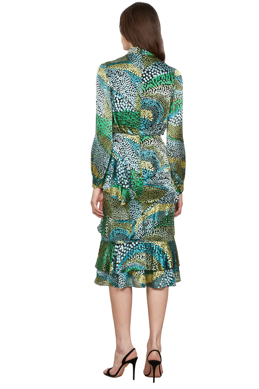 Isa Ruffle Dress in Wavy Dotty Satin Jungle