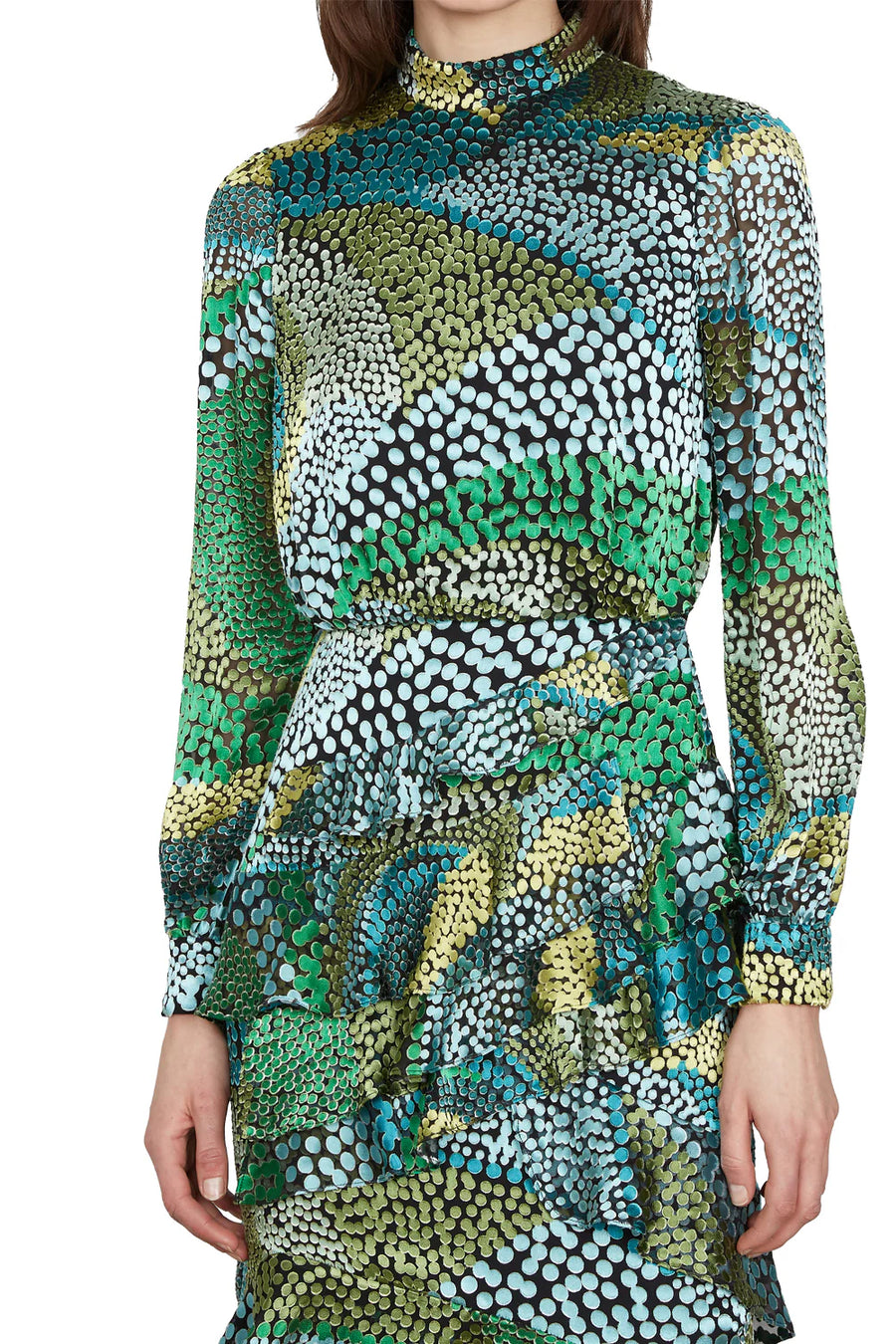 Isa Ruffle Dress in Wavy Dotty Satin Jungle
