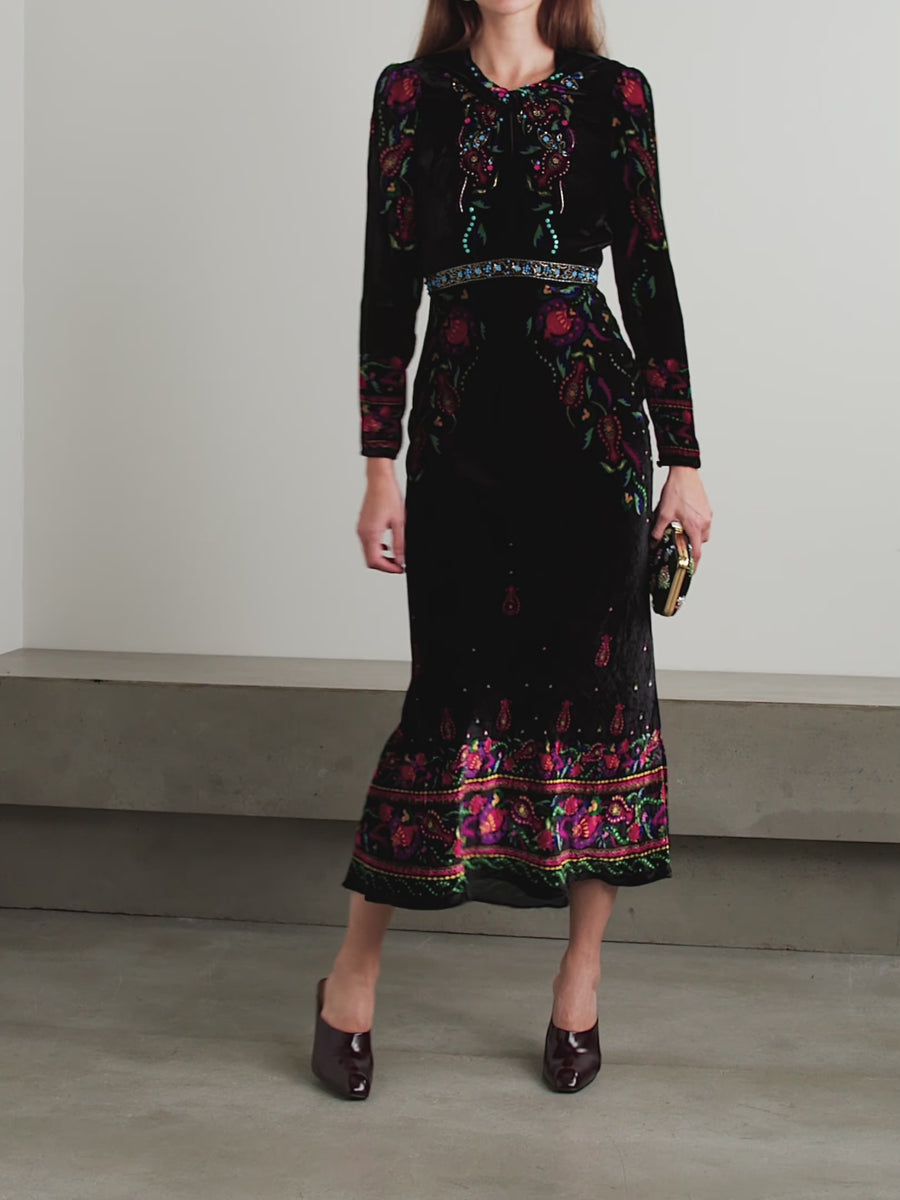 Claudia twisted embellished printed velvet midi dress