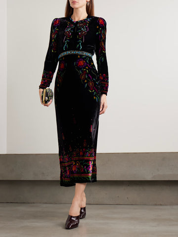 Claudia twisted embellished printed velvet midi dress