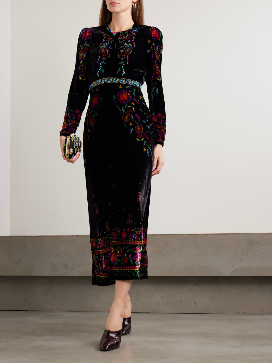 Claudia twisted embellished printed velvet midi dress