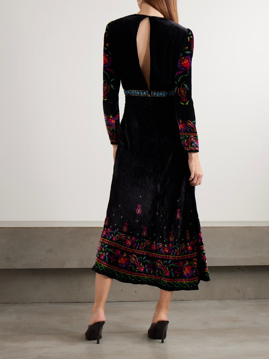 Claudia twisted embellished printed velvet midi dress