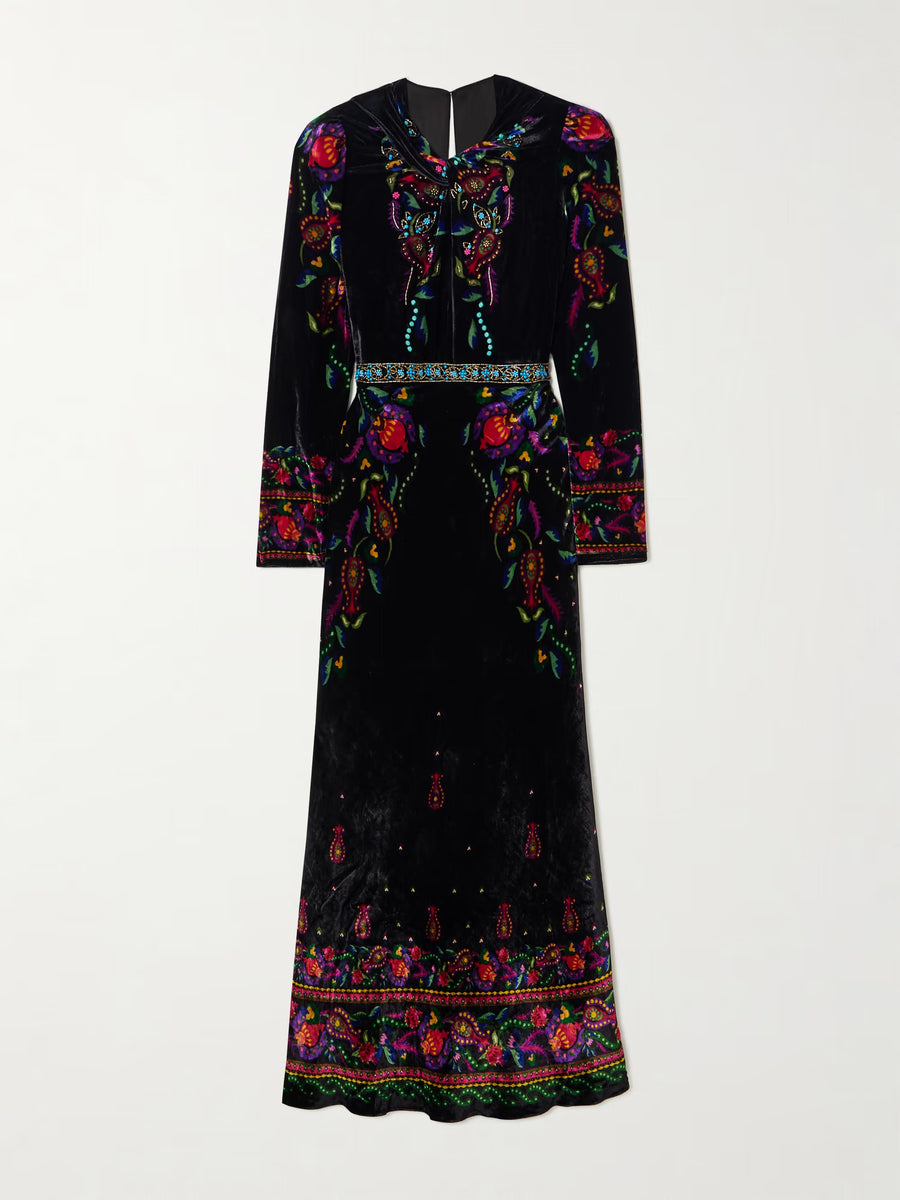 Claudia twisted embellished printed velvet midi dress